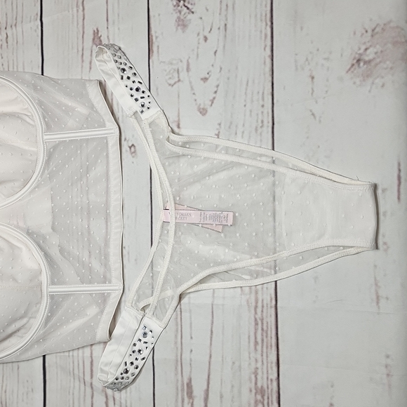 SET VICTORIA Secret White Sheer Bling Bow Lace Dots Dream Angels Corset 36 DD - Picture 5 of 14
